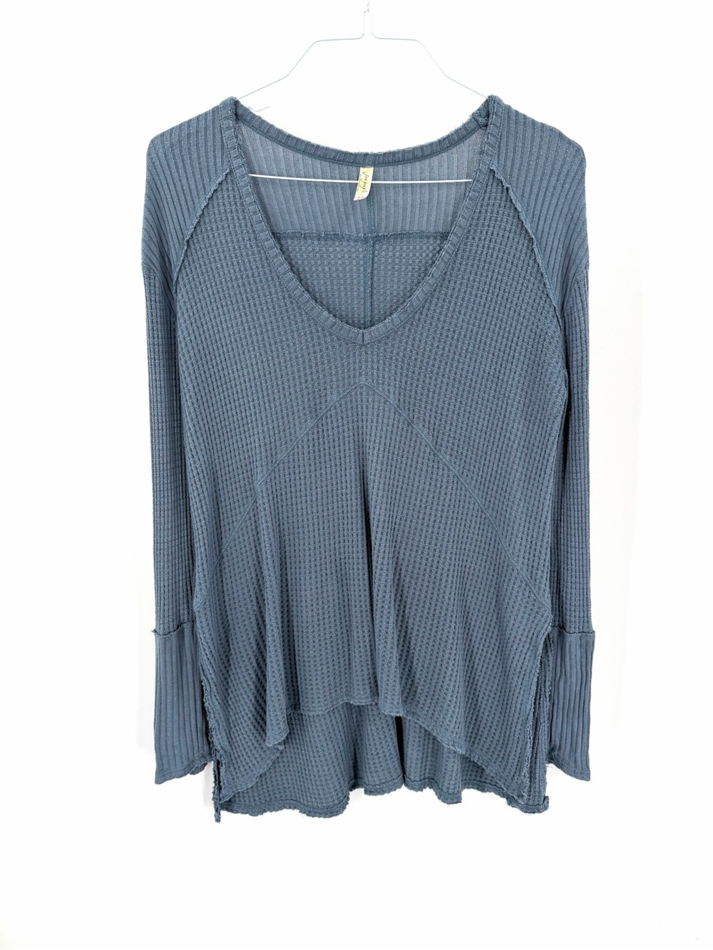 Free People Blue Gray Sunset Park Drippy Thermal Waffle Knit Oversized Shirt Top